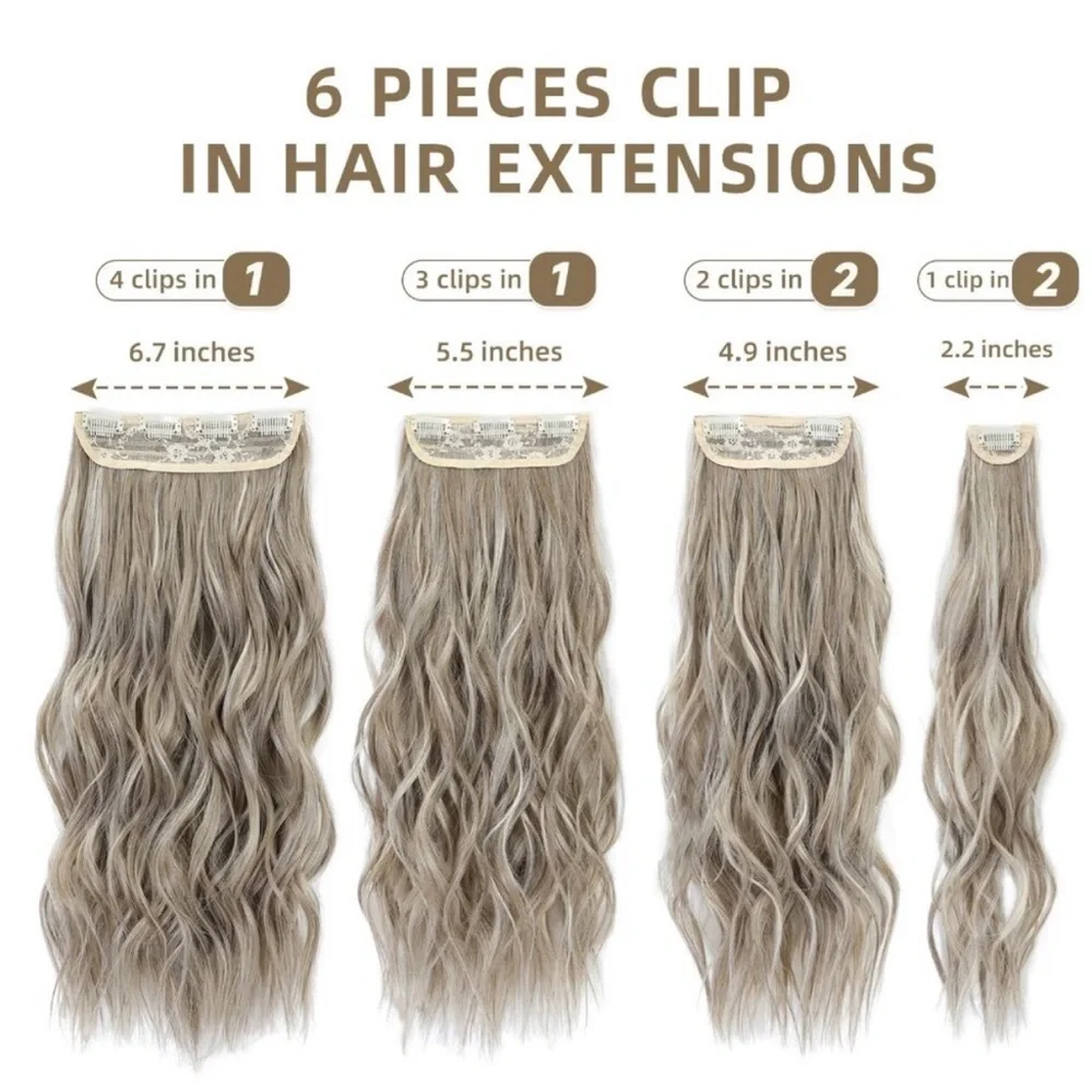 Clip-in Hair Extensions 6PCS Wavy Light Gray Ash Blonde Light Brown Thick Hair